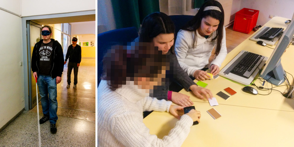 Linke Seite: Selbserfahrung - 2 Forscher des AIT erkunden das Schulgebäude mit verbundenen Augen und Langstock - Rechte Seite: Schülerinnen interagieren in einem Workshop mit sprechenden Karten